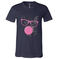 Cat Blowing Bubble Gum V-Neck T-Shirt