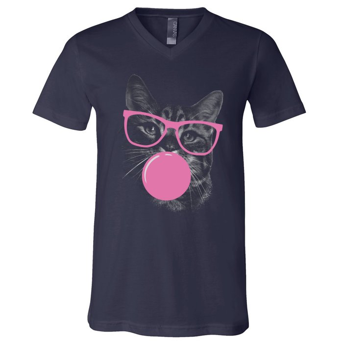 Cat Blowing Bubble Gum V-Neck T-Shirt