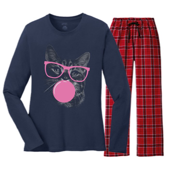 Cat Blowing Bubble Gum Women's Long Sleeve Flannel Pajama Set 