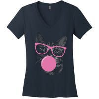 Cat Blowing Bubble Gum Women's V-Neck T-Shirt