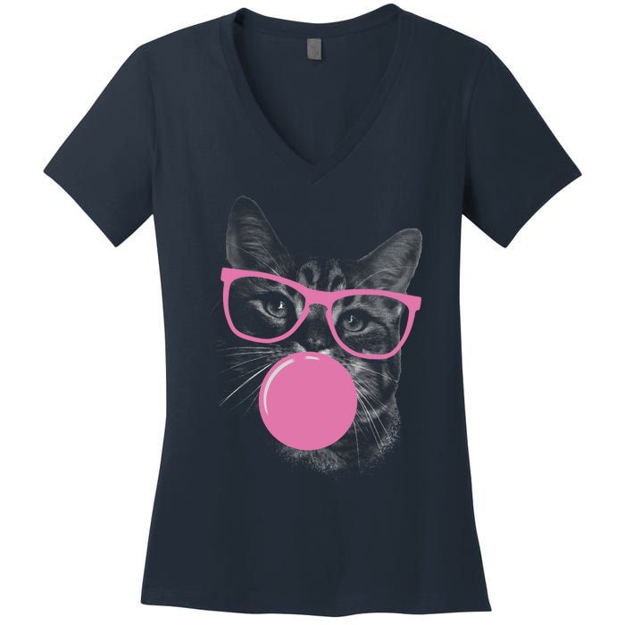 Cat Blowing Bubble Gum Women's V-Neck T-Shirt