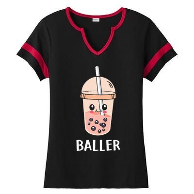 Cute Baller Boba Tea Bubble Tea Anime Kawaii Neko Ladies Halftime Notch Neck Tee