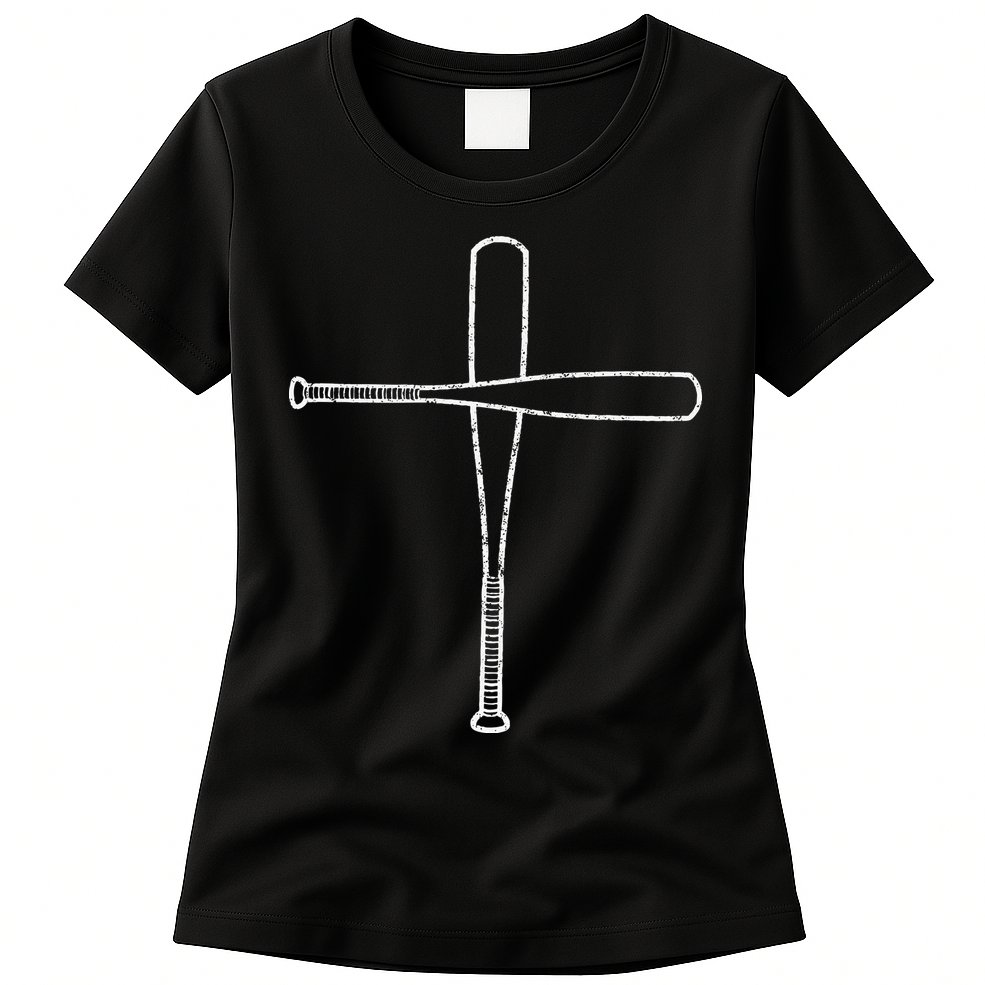 Cross Baseball Bats Christian Faith Sports Coach Pitcher Womens T-Shirt