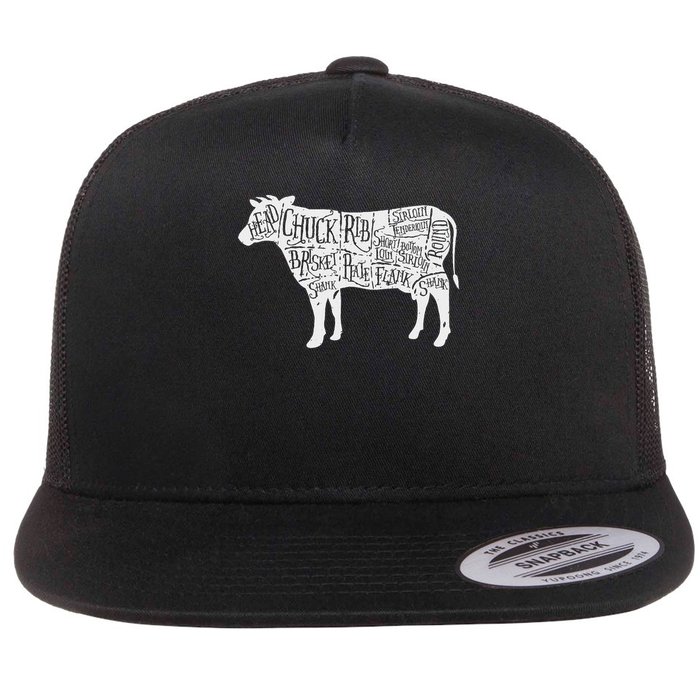 Cow Butcher Beef Cuts Diagram Flat Bill Trucker Hat