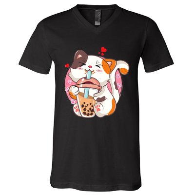 Cat Boba Bubble Tea Kawaii Anime Japanese Teen V-Neck T-Shirt