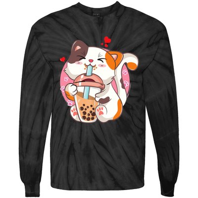 Cat Boba Bubble Tea Kawaii Anime Japanese Teen Tie-Dye Long Sleeve Shirt