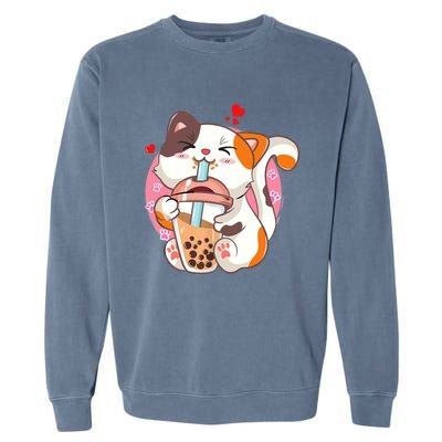 Cat Boba Bubble Tea Kawaii Anime Japanese Teen Garment-Dyed Sweatshirt