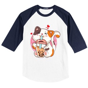 Cat Boba Bubble Tea Kawaii Anime Japanese Teen Baseball Sleeve Shirt