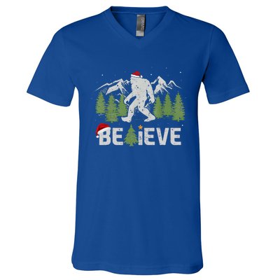 Christmas Believe Bigfoot V-Neck T-Shirt