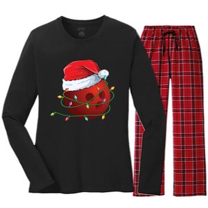 Christmas Bowling Ball Santa Hat Wrapped In Holiday Lights Gift Women's Long Sleeve Flannel Pajama Set 