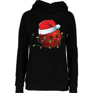 Christmas Bowling Ball Santa Hat Wrapped In Holiday Lights Gift Womens Funnel Neck Pullover Hood