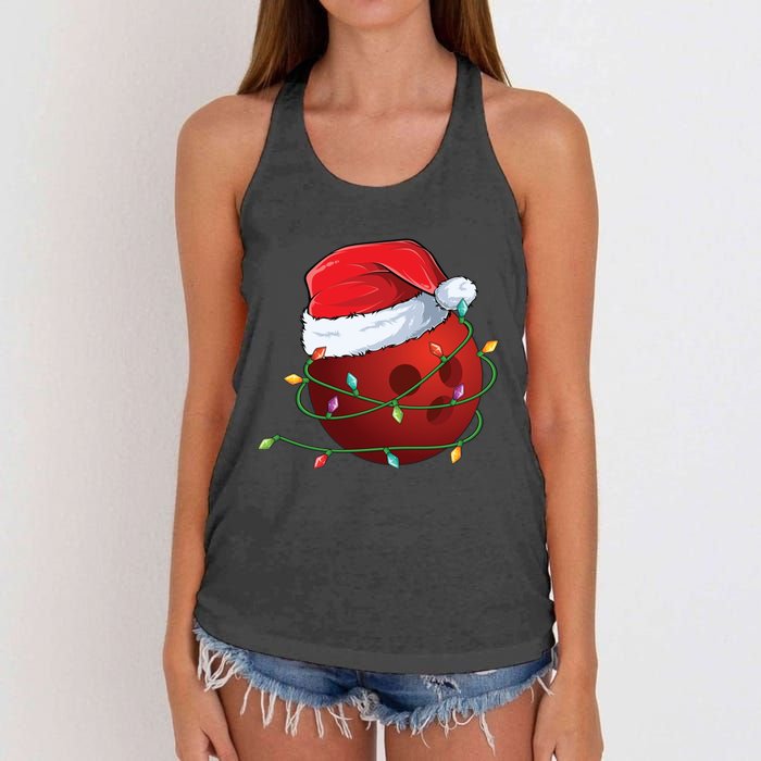 Christmas Bowling Ball Santa Hat Wrapped In Holiday Lights Gift Women's Knotted Racerback Tank