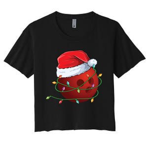 Christmas Bowling Ball Santa Hat Wrapped In Holiday Lights Gift Women's Crop Top Tee