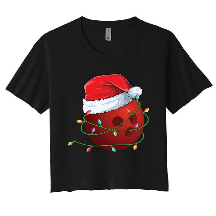 Christmas Bowling Ball Santa Hat Wrapped In Holiday Lights Gift Women's Crop Top Tee