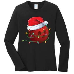 Christmas Bowling Ball Santa Hat Wrapped In Holiday Lights Gift Ladies Long Sleeve Shirt