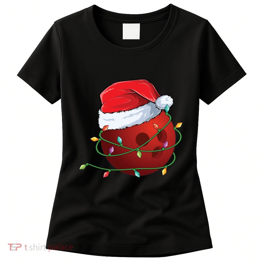 Christmas Bowling Ball Santa Hat Wrapped In Holiday Lights Gift Women's T-Shirt