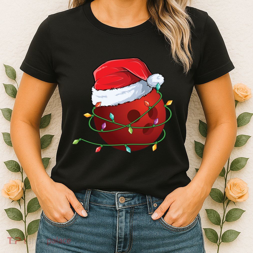 Christmas Bowling Ball Santa Hat Wrapped In Holiday Lights Gift Women's T-Shirt
