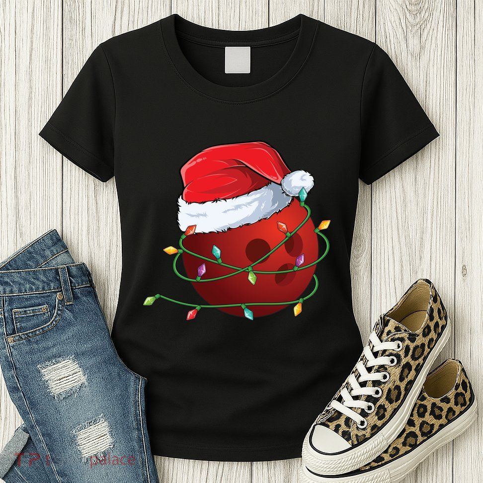 Christmas Bowling Ball Santa Hat Wrapped In Holiday Lights Gift Women's T-Shirt