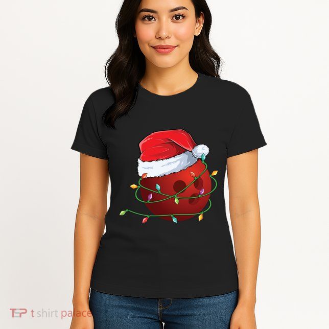 Christmas Bowling Ball Santa Hat Wrapped In Holiday Lights Gift Women's T-Shirt