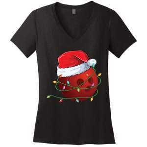 Christmas Bowling Ball Santa Hat Wrapped In Holiday Lights Gift Women's V-Neck T-Shirt