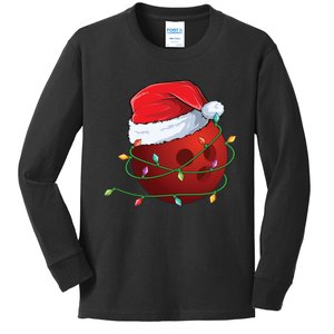 Christmas Bowling Ball Santa Hat Wrapped In Holiday Lights Gift Kids Long Sleeve Shirt