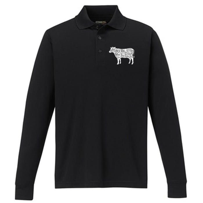 Cow Butcher Beef Cuts Diagram Performance Long Sleeve Polo