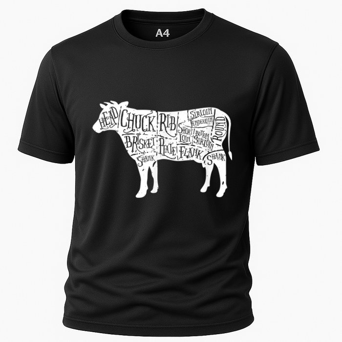 Cow Butcher Beef Cuts Diagram Cooling Performance Crew T-Shirt