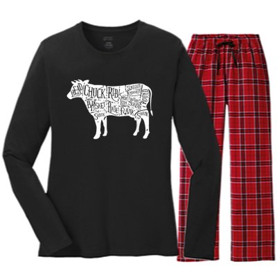 Cow Butcher Beef Cuts Diagram Women's Long Sleeve Flannel Pajama Set 