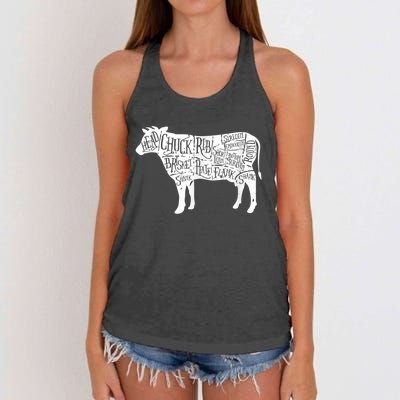 Cow Butcher Beef Cuts Diagram Women's Knotted Racerback Tank