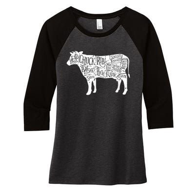 Cow Butcher Beef Cuts Diagram Women's Tri-Blend 3/4-Sleeve Raglan Shirt