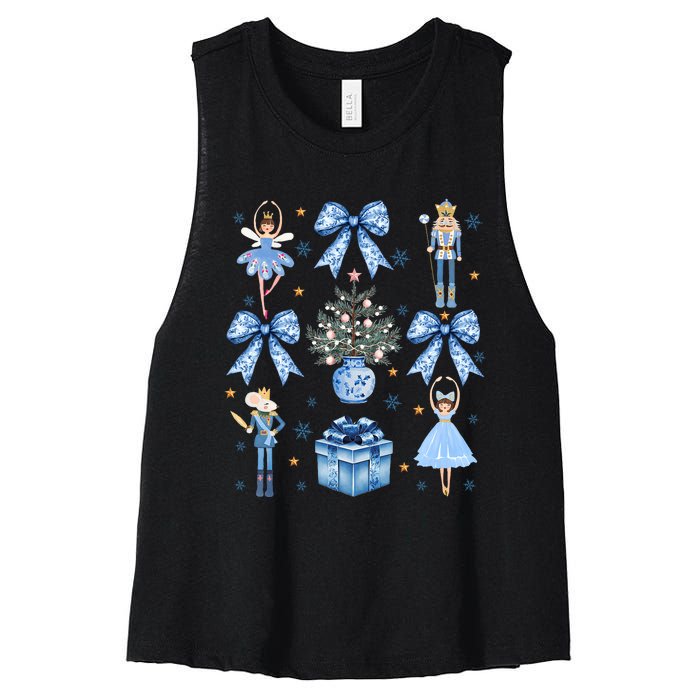 Coquette Blue Bow Nutcracker Xmas Merry Christmas Pajamas Women's Racerback Cropped Tank