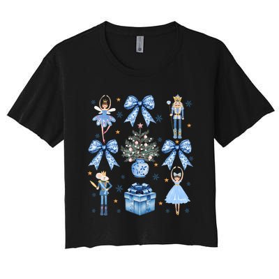 Coquette Blue Bow Nutcracker Xmas Merry Christmas Pajamas Women's Crop Top Tee