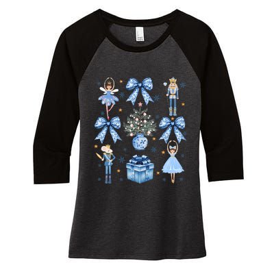 Coquette Blue Bow Nutcracker Xmas Merry Christmas Pajamas Women's Tri-Blend 3/4-Sleeve Raglan Shirt