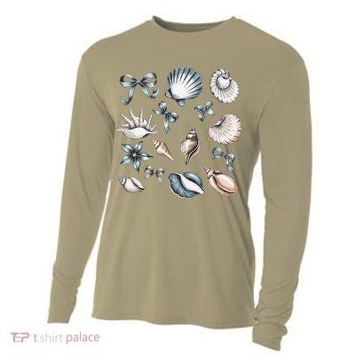 Coquette Blue Bow Ocean Beach Retro Summer Women Cooling Performance Long Sleeve Crew