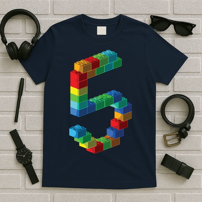 Cute Block Building 5th Birthday Gift 5 Years Old Boy Girl T-Shirt