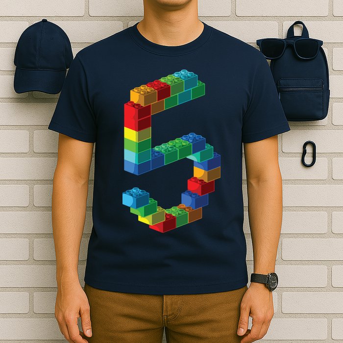 Cute Block Building 5th Birthday Gift 5 Years Old Boy Girl T-Shirt