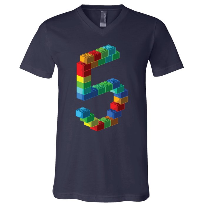 Cute Block Building 5th Birthday Gift 5 Years Old Boy Girl V-Neck T-Shirt