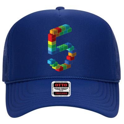 Cute Block Building 5th Birthday Gift 5 Years Old Boy Girl High Crown Mesh Back Trucker Hat