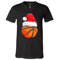 Christmas Basketball Ball Santa Hat Funny Sport Xmas V-Neck T-Shirt