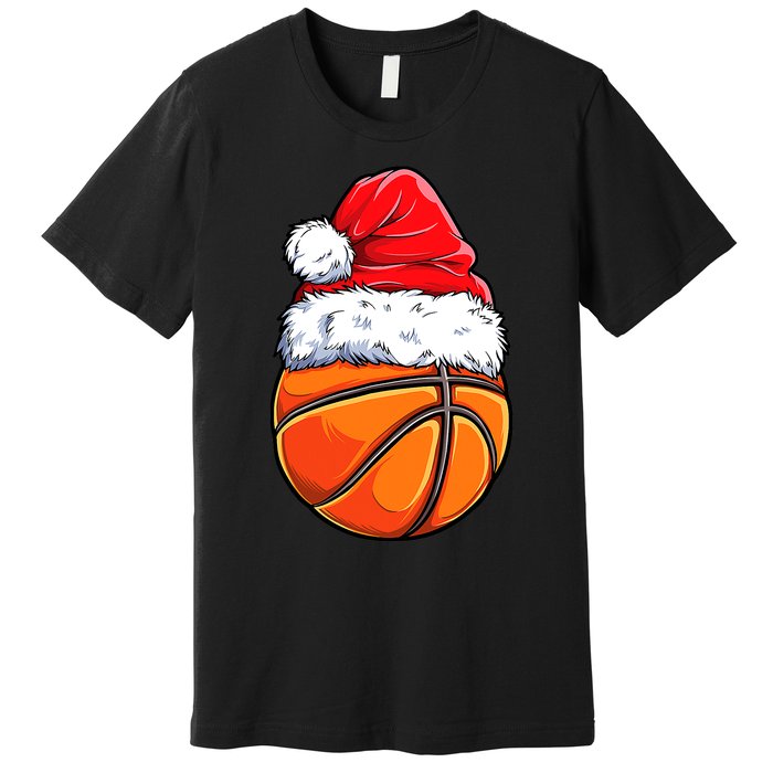 Christmas Basketball Ball Santa Hat Funny Sport Xmas Premium T-Shirt