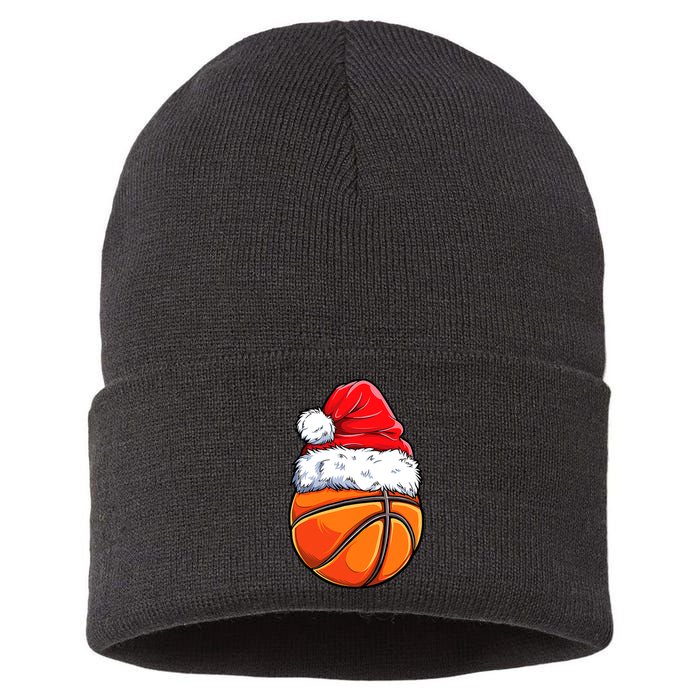 Christmas Basketball Ball Santa Hat Funny Sport Xmas Sustainable Knit Beanie