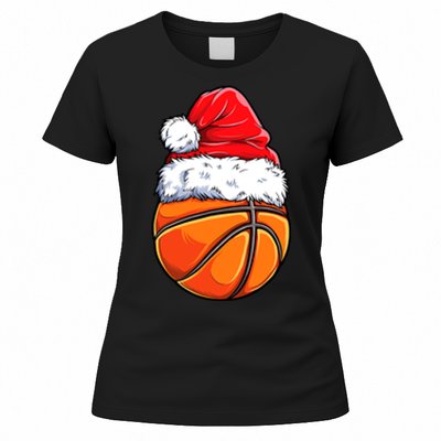 Christmas Basketball Ball Santa Hat Funny Sport Xmas Women's T-Shirt