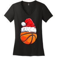 Christmas Basketball Ball Santa Hat Funny Sport Xmas Women's V-Neck T-Shirt