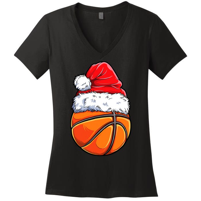 Christmas Basketball Ball Santa Hat Funny Sport Xmas Women's V-Neck T-Shirt