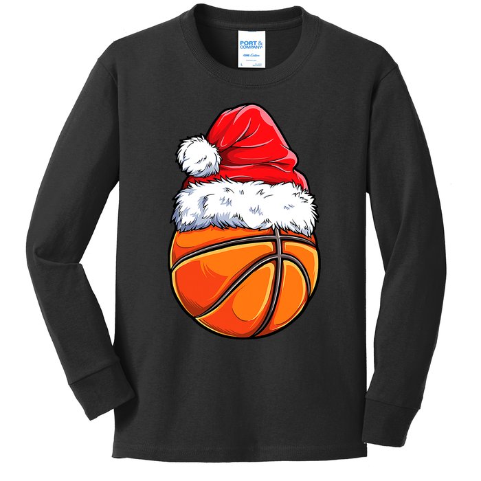 Christmas Basketball Ball Santa Hat Funny Sport Xmas Kids Long Sleeve Shirt