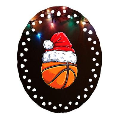 Christmas Basketball Ball Santa Hat Funny Sport Xmas Ceramic Oval Ornament