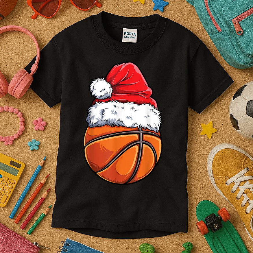 Christmas Basketball Ball Santa Hat Xmas Boys Men Sport TShirt Kids T-Shirt