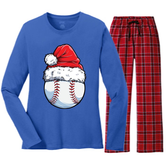 Christmas Baseball Ball Santa Hat Xmas Catcher Pitcher Cute Gift Women's Long Sleeve Flannel Pajama Set 