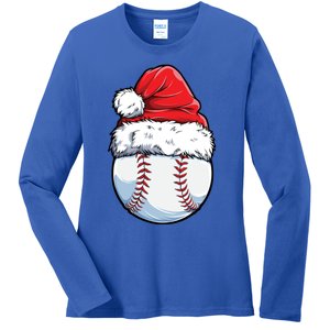 Christmas Baseball Ball Santa Hat Xmas Catcher Pitcher Cute Gift Ladies Long Sleeve Shirt