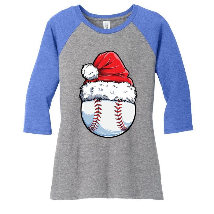 Christmas Baseball Ball Santa Hat Xmas Catcher Pitcher Cute Gift Women's Tri-Blend 3/4-Sleeve Raglan Shirt